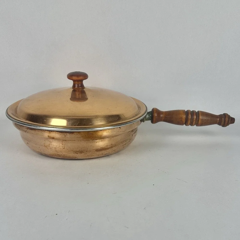 Vintage Copper Skillet Sauté Pan with Lid Brass Wood Handle